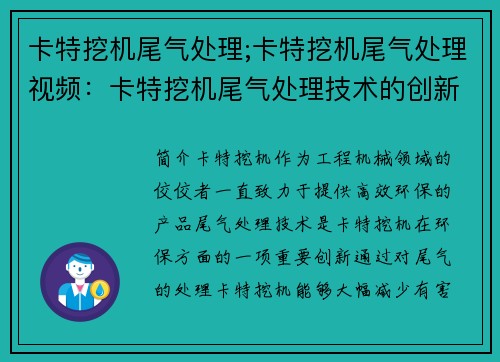 卡特挖机尾气处理;卡特挖机尾气处理视频：卡特挖机尾气处理技术的创新方案