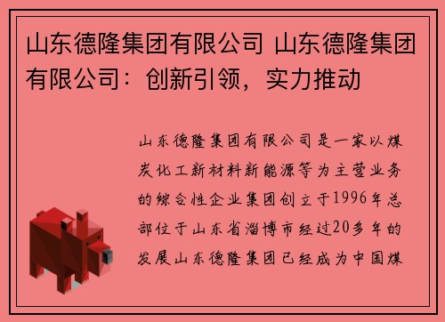 山东德隆集团有限公司 山东德隆集团有限公司：创新引领，实力推动